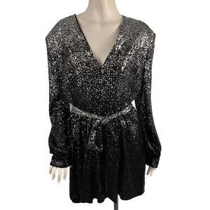 Badgley Mischka Size 14 Black Sequin Long Sleeve Cocktail Party Tunic Dress